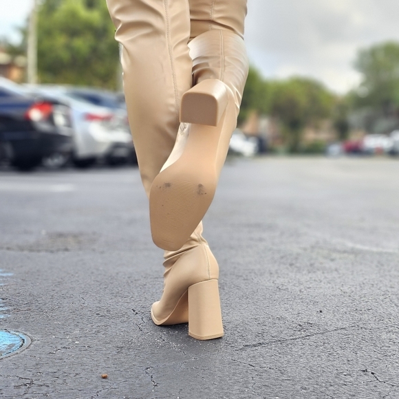 Women's Thigh High Over the Knee Boots Chunky Heel Nude Color - Picture 7 of 7